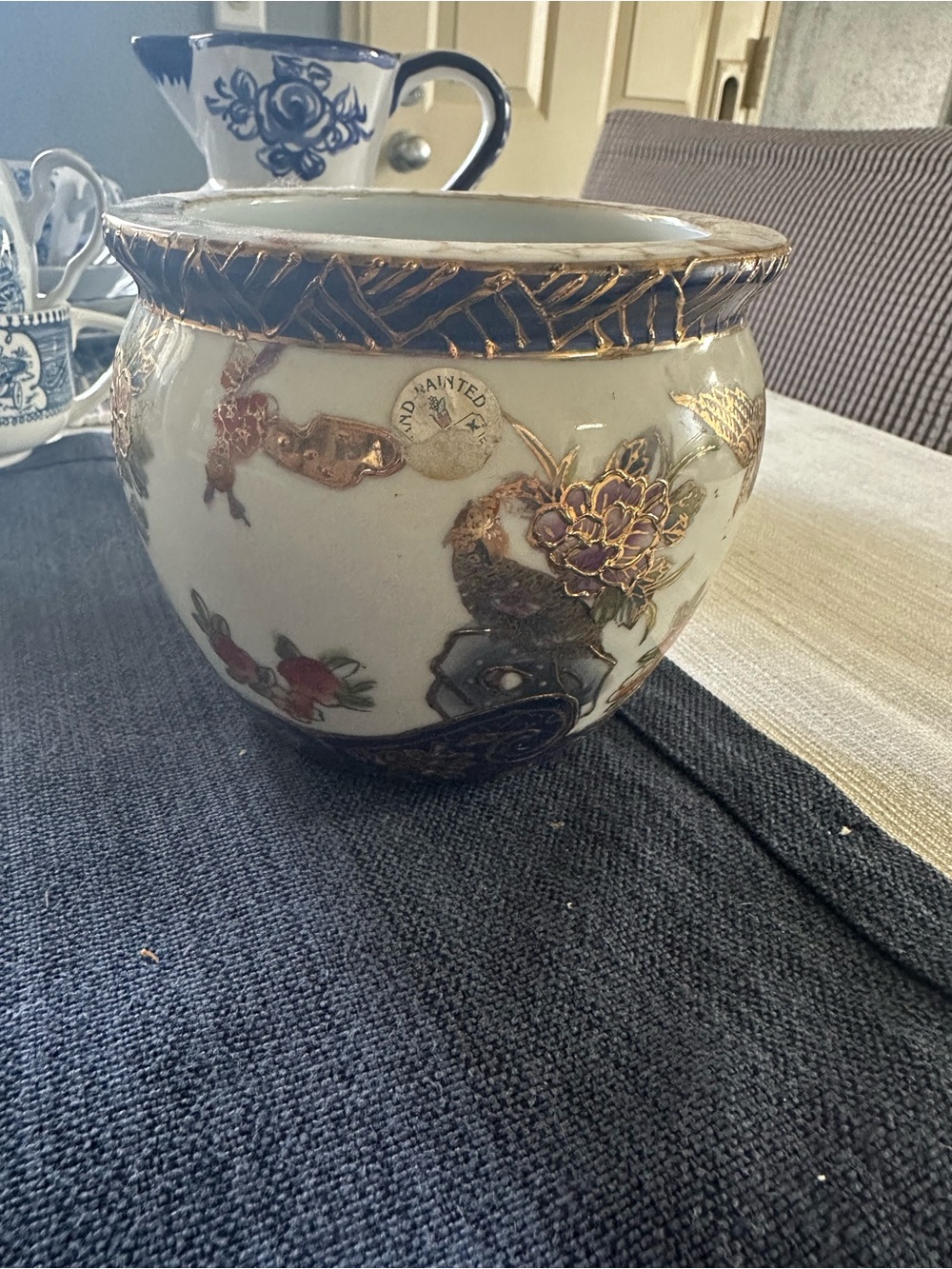 Japanese Hand-Painted Decorative Ceramic Planter with Gold Accents